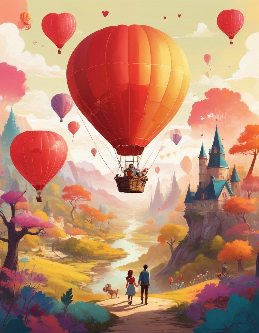A whimsical, playful scene depicting a couple exploring a fantasy landscape filled with heart-shaped hot air balloons, enchanted forests, and adventurous elements like treasure maps and whimsical creatures. The characters are engaging in playful, adventurous activities, symbolizing both love and exploration. The color palette should be vibrant and inviting, creating an atmosphere of excitement and romance. cartoonish style, vibrant colors, whimsical elements.