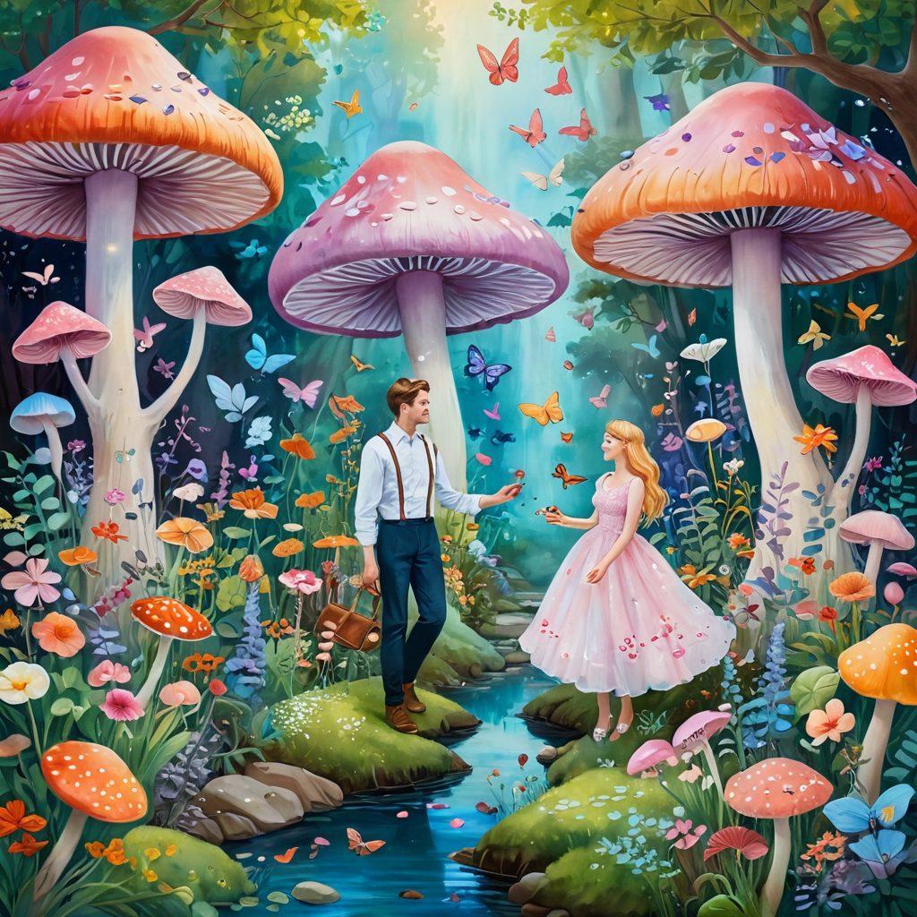 A whimsical landscape featuring a couple playfully exploring a fantastical garden filled with enchanting flowers, oversized mushrooms, and soft pastel colors. The couple can be depicted sharing a laugh, surrounded by floating hearts and gentle butterflies, symbolizing love and adventure. The scene should radiate warmth and joy, inviting viewers into a world of romance and imaginative exploration. painting. vibrant colors.